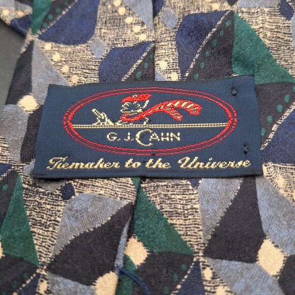 G.J. Cahn Vintage Silk Tie Green & Blue Geometric Pattern 3.5" Width Hand-Sewn - Picture 3 of 5